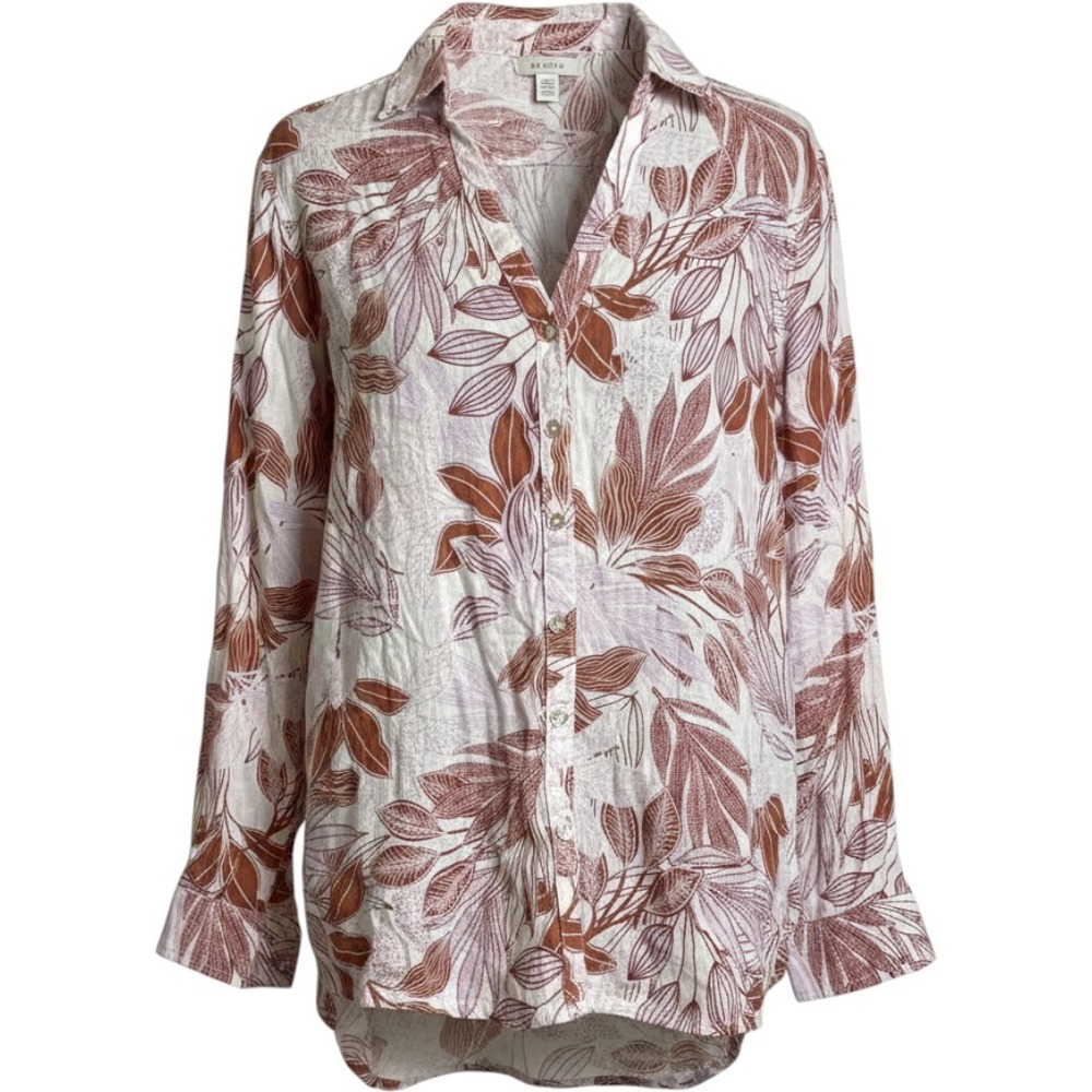 Tahari Womens 100% Linen Button Down Shirt Tropical Leaf Rust Small Boho Chic